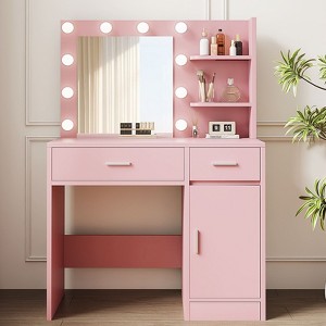 HYLEORY Vanity Desk with Mirror, Power Outlet and 10 Lights, Makeup Table with 3 Drawers,3 Color Modes Available for Bedroom - 1 of 4