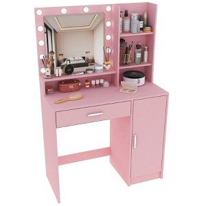 Gulches Pink Vanity Tables with Mirror & Light - Large Drawer, 3-Level Storage, Adjustable Brightness - 1 of 4