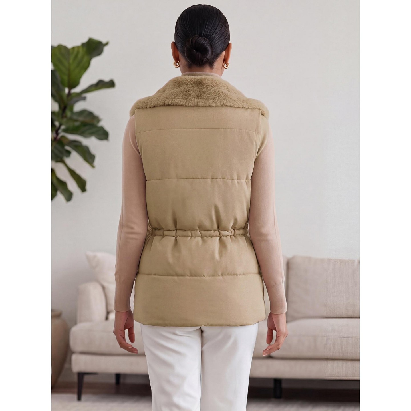Женская куртка INSPIRE CHIC Lapel Collar Double Breasted Drawstring Waist Plush Splicing Quilted Puffer Coat Large Brown, цвет: Коричневый — фото 3
