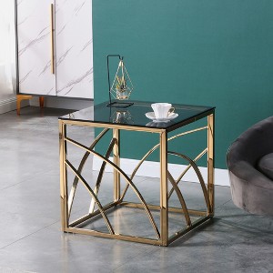 Modern Gold Plated Stainless Steel Cube Coffee Table With Tempered Blue Star Grey Glass Top for Dining Room Kitchen Living Room - 1 of 4