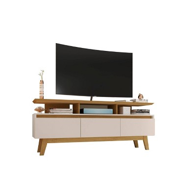 Off White and Cinnamon Mid-Century Modern TV Stand with Cabinet