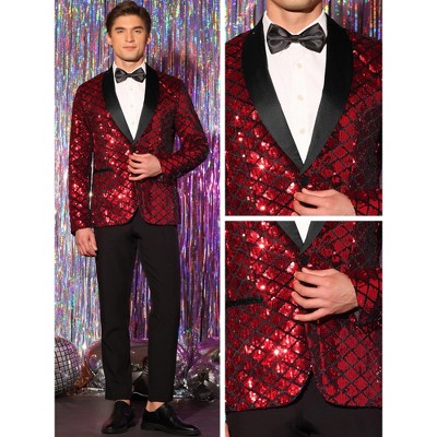 Lars Amadeus Men's Argyle Pattern Peak Lapel Prom Shiny Squins Blazers Red X Large — фото 4