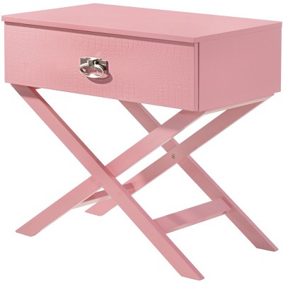 Xavier Pink Croc Textured 1-Drawer Nightstand with X Frame