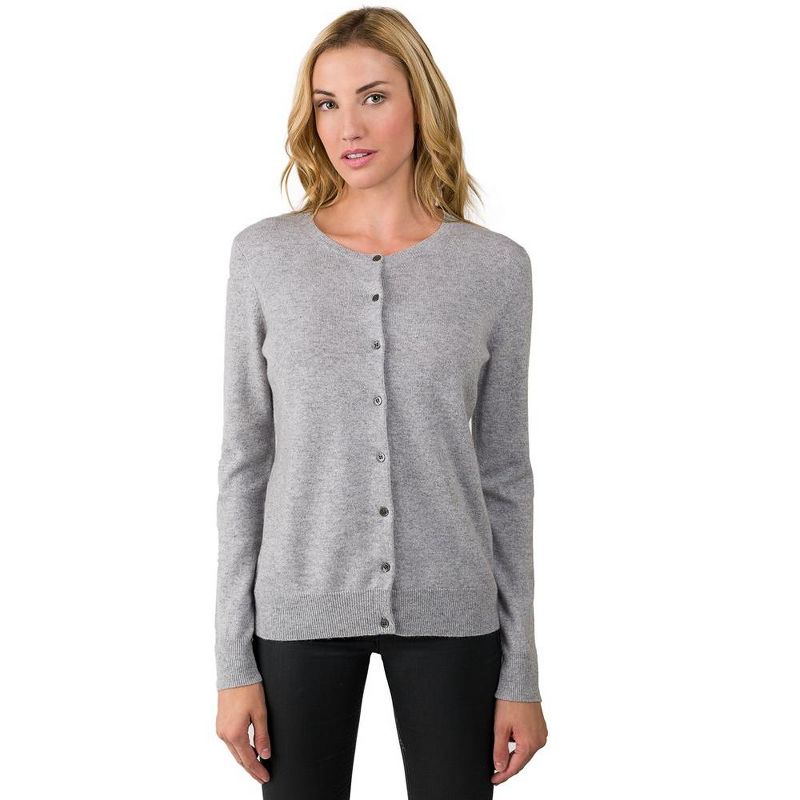 JENNIE LIU Women's 100% Cashmere Button Front Long Sleeve Crewneck Cardigan Sweater, 1 of 4