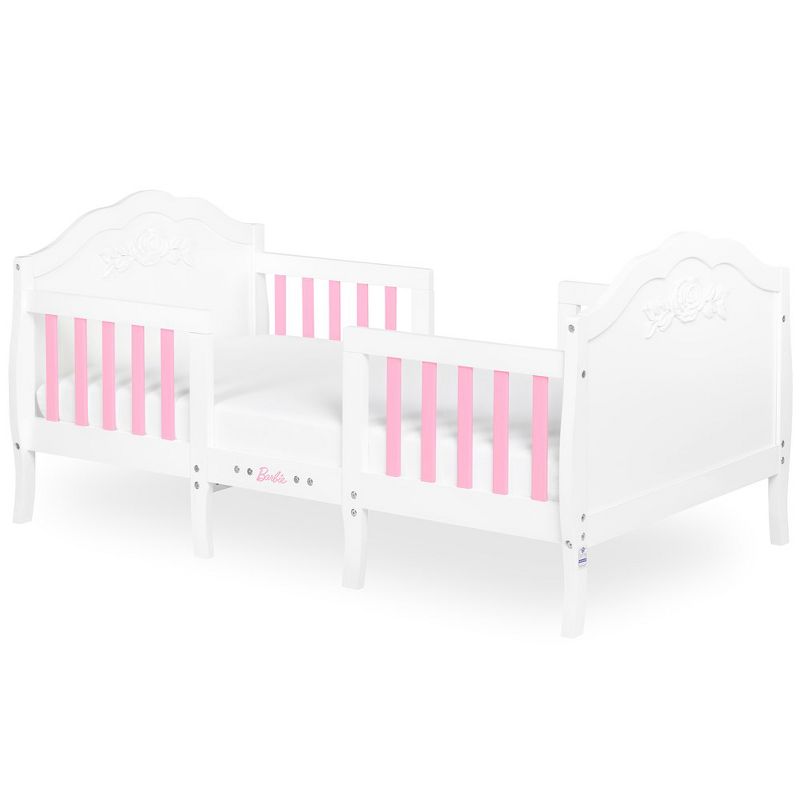 Barbie by Evolur Rose 3-in-1 Toddler Bed, White and Pink, Converts to 2 Kid-Size Sofas, Comes with Safety Side Rails, JPMA & Greenguard Gold Certified, 1 of 9