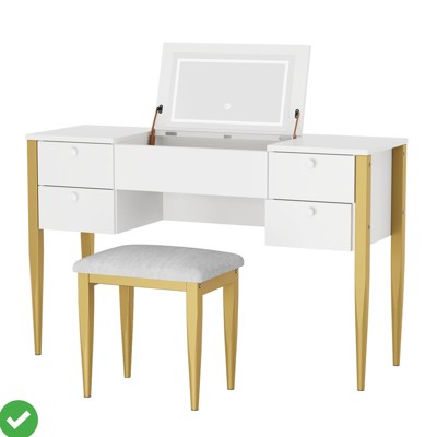 3-in-1 Small Vanity Desk with Flip Top Mirror & LED Lights Makeup Vanity Table Set with 5 Drawers
