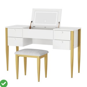 3-in-1 Small Vanity Desk with Flip Top Mirror & LED Lights Makeup Vanity Table Set with 5 Drawers - 1 of 4