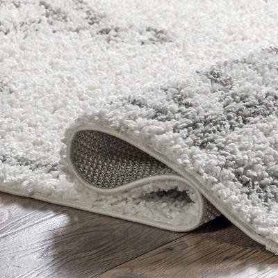 White Geometric Synthetic Shag Runner Rug with Tassels
