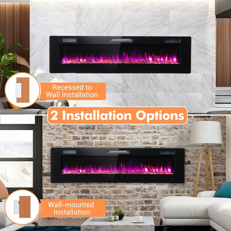 Costway 68'' Ultra-Thin Electric Fireplace Recessed Wall Mounted W/Crystal Log Decoration, 4 of 13