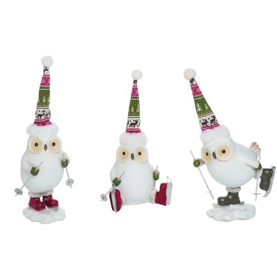 Transpac Resin 6 in. White Harvest Skiing Owl Set of 3