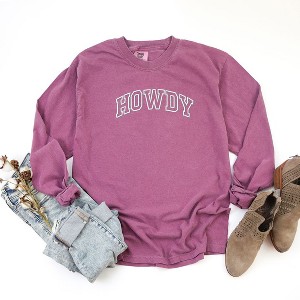 Simply Sage Market Women's Embroidered Howdy Varsity Outline Long Sleeve Garment Dyed Tee - 1 of 3