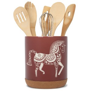 Elanze Designs Kitchen Utensil Holder With Non Slip Cork Base Large 8 Inch Ceramic Storage Crock Animal Countertop Organizer Floral Folk Horse Red - 1 of 4