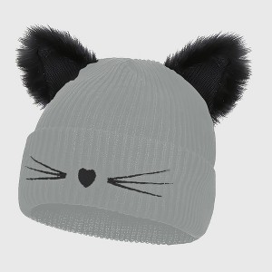 Anna-Kaci Women's Cat Ear Knit Beanie - Faux Fur Ears with Heart Whisker Embroidery for Cute Casual Winter Wear - 1 of 4