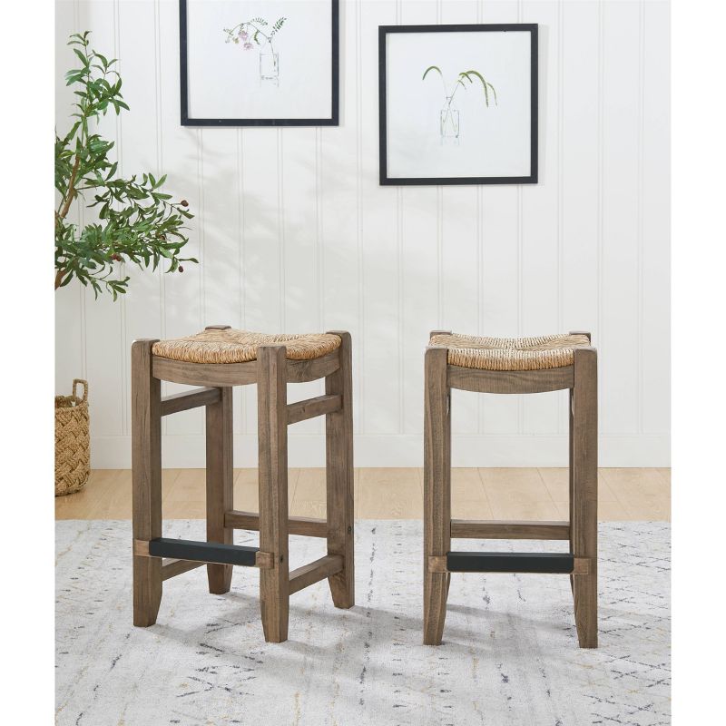 Set of 2 26&#34; Davenport Wood Counter Height Barstools with Rush Seats Light Amber - Alaterre Furniture, 3 of 8