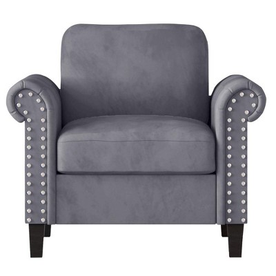 Gray Velvet Transitional Accent Chair with Wood Frame