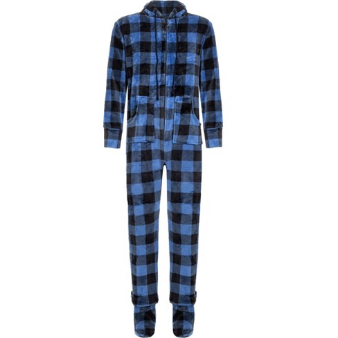 Navy Blue & Green Plaid Cotton Flannel Adult Footed Pajamas