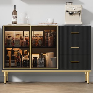 GustoWave 46.4 in Fluted Kitchen Sideboard Cabinet with 2 Glass Doors 3 Drawers and Shelves, Faux Marble Top Buffet Table, Black - 1 of 4