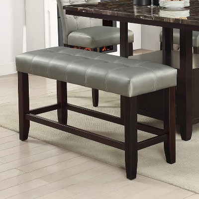 Vynxaria Formal Classic Counter Height Bench Silver Finish, Faux Leather Tufted Upholstered Seat, Modern Farmhouse Style