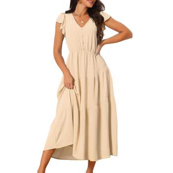Seta T Women's Flutter Short Sleeve Tiered V Neck Elastic Waist Ruffle A-Line Maxi Dress