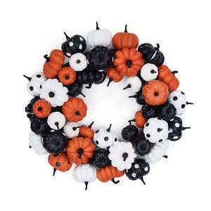 Halloween Pumpkin Wreath, 18 Inch Fall Wreath for Front Door with Orange, Black and White Pumpkins - 1 of 4
