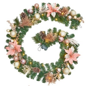9 Feet Pre-Lit Christmas Garland with Lights, Battery Operated Lighted Outdoor Xmas Garland with Rose Gold Ball Ornaments for Mantle Stairs Railing - 1 of 4
