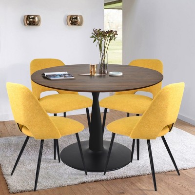 Harold+Edwin 5-Piece Dining Table Set Walnut Foil Round Top Pedestal Dining Room Set with 4 Upholstered Chairs for Apartment - Maison Boucle