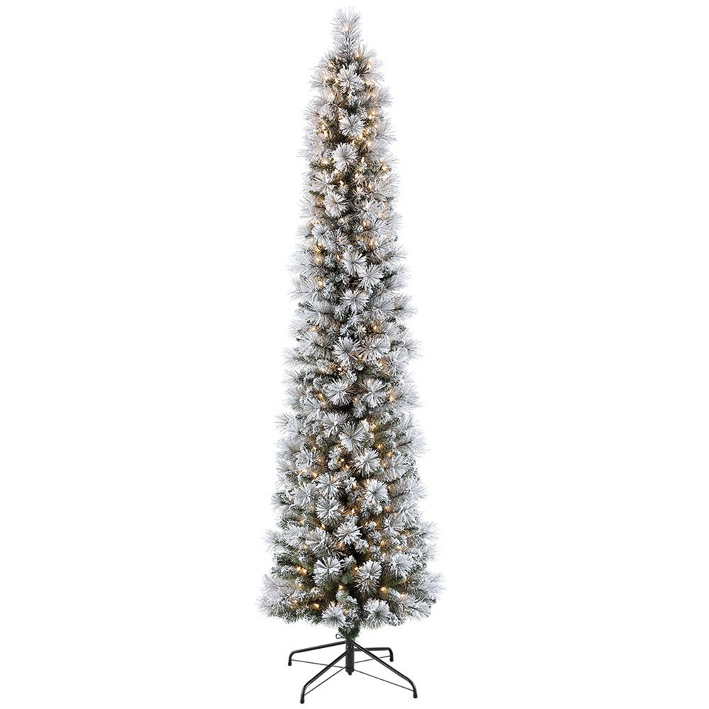 Photos - Garden & Outdoor Decoration Puleo 7.5ft Pre-lit Slim Pencil Christmas Tree Flocked Portland Pine 