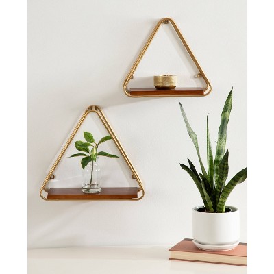14" Walnut and Gold Geometric Floating Wall Shelves, Set of 2
