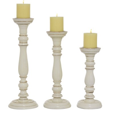 Set Of 3 White Wooden Candle Holders, Distressed White Wooden Pillar Candle Holders