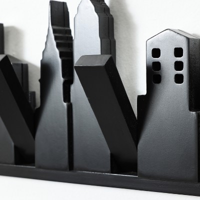 Black Fir Wood Skyscraper Wall-Mounted Coat Rack with 4 Hooks