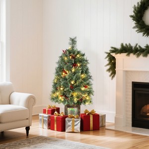 3ft Small Christmas Tree with 70 LED Lights and Retro Pot for Tabletop and Home Office Entrance Holiday Decorations - 1 of 4