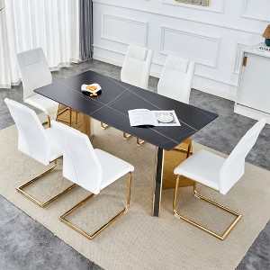 ModernLuxe 7 PCS Dining Table Set for 6, Modern Dining Set with 6 Upholstered Dining Chairs & Gold Stainless Steel Butterfly Legs, Black/White - 1 of 4