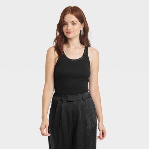 Women's Jeweled Neckline Tank Top - A New Day™ Black L : Target