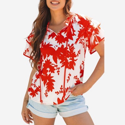 Amaryllis Women’s Flutter Sleeve Ruffle Neck Floral Print Blouse Lightweight Relaxed Fit Statement Top Elegant