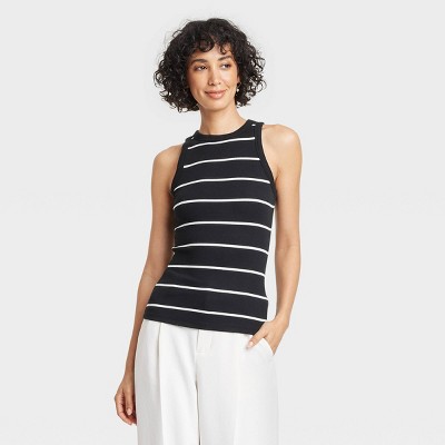 Women's Slim Fit Ribbed Tank Top - A New Day™ Black Striped S