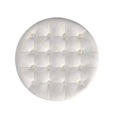 Cream Tufted Round Storage Ottoman with Wooden Legs