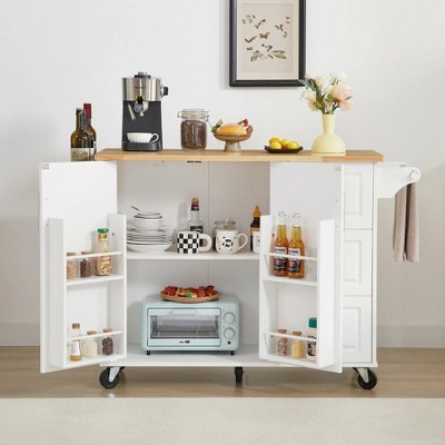 LunaLulinlk Kitchen Island with Drop Leaf Countertop, Rolling Kitchen Island Cart with Storage Cabinet and Tower Rack, White