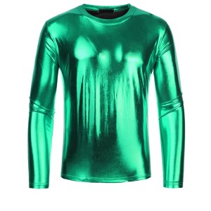 INSPIRE CHIC Men's Round Neck Long Sleeves Shining Disco Metallic T-Shirt - 1 of 4