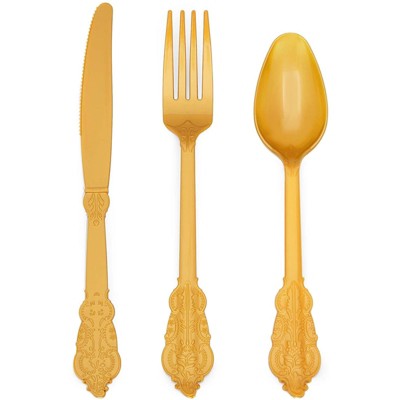 Sparkle and Bash 72 Piece (Serves 24) Gold Vintage Disposable Plastic Cutlery Forks Knives Spoons Party Supplies