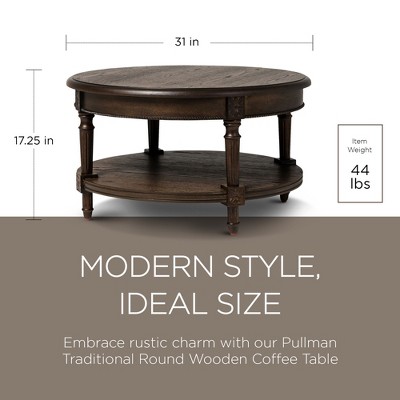 Antiqued Brown Round Wooden Coffee Table with Shelf Storage