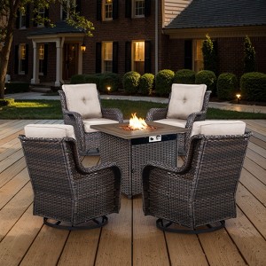 POCASSY Patio Furniture Set with 30" Propane Fire Pit Table, Patio Swivel Rocking Glider Chairs Set of 4 with PE Wicker and Square Firepit Table - 1 of 4