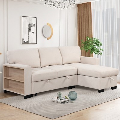 Sectional Sofa Couch, Pull Out Sleeper Sofa with Storage Rack Pull-out Bed Drop Down Table and USB Charger-ModernLuxe