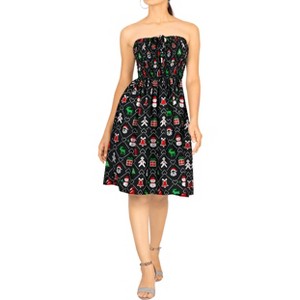 LA LEELA Women's Casual Beach A line Slit Smocked Mini Dress Tube Top Evening Short Strapless Christmas Tree Dress for Women One Size Ebony Xmas Theme - 1 of 4