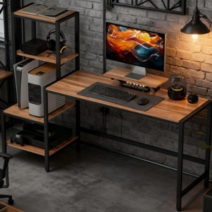 66.9" Industrial Computer Desk with Reversible 4-Tier Shelf and Monitor Stand, Wood Grain Desktop for Home Office -3irtyhousy - 1 of 4