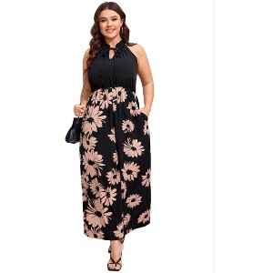 Womens Tie Knot Wide Leg Jumpsuit Plus Size Summer Dressy Sleeveless Frill Trim Patchwork Jumpsuit Casual Jumpsuits Outfits - 1 of 4