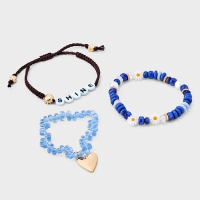 Mixed Semi-Precious Agate Beaded and Shine Verbiage Bracelet Set 3pc - Universal Thread™ Blue