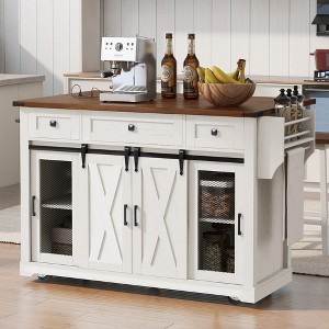 Farmhouse Rolling Kitchen Island Kitchen Storage Cart with Spice Rack, Glass Holders, Towel Rack & Drop Leaf - ModernLuxe - 1 of 4