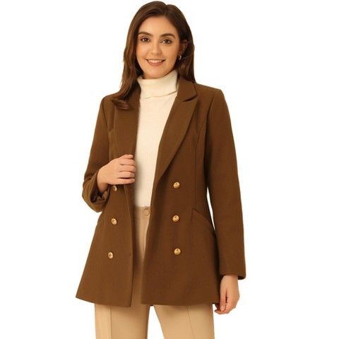 INSPIRE CHIC Women's Double Breasted Work Office Elegant Winter Notched Collar Coat Caramel Small