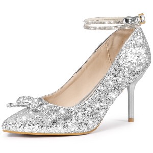BLISSFUL STEP Women's Rhinestone Bow Glitter Pointed Toe Stiletto Heel Pumps - 1 of 4