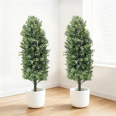 2Pcs Artificial Boxwood Plants with Ground Spikes, Outdoor Faux Topiary Tree, UV Resistant Shrubs for Garden Patio Porch Yard Decor
